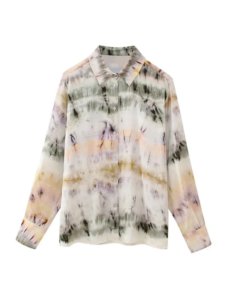 

Kumsvag 2023 Women Summer Shirts Blouses Tops Fashion Tie-dye Turn-down Collar Female Elegant Street Top Clothing