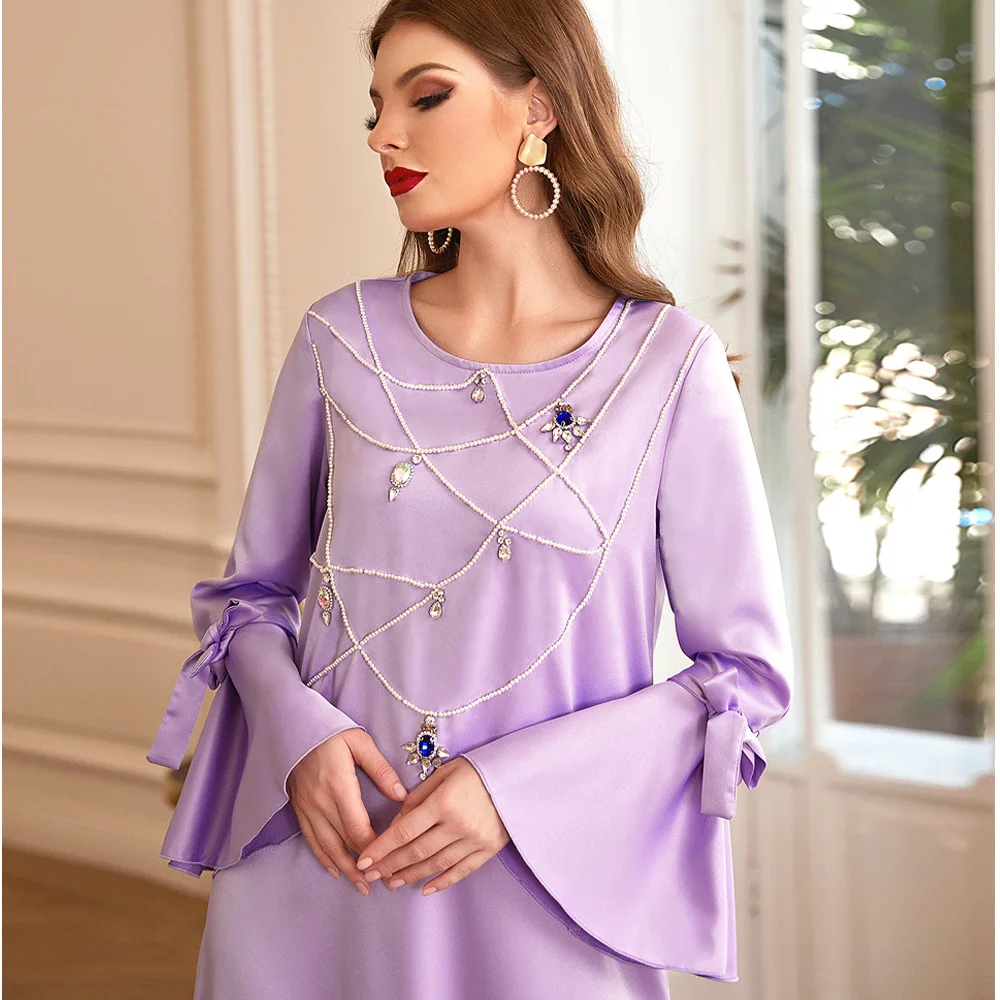 Women Spring Summer Muslim Noble Purple with Diamond Frill Sleeve Skirt Turkey India Abaya Arab Islamic Women Kraftan Gown