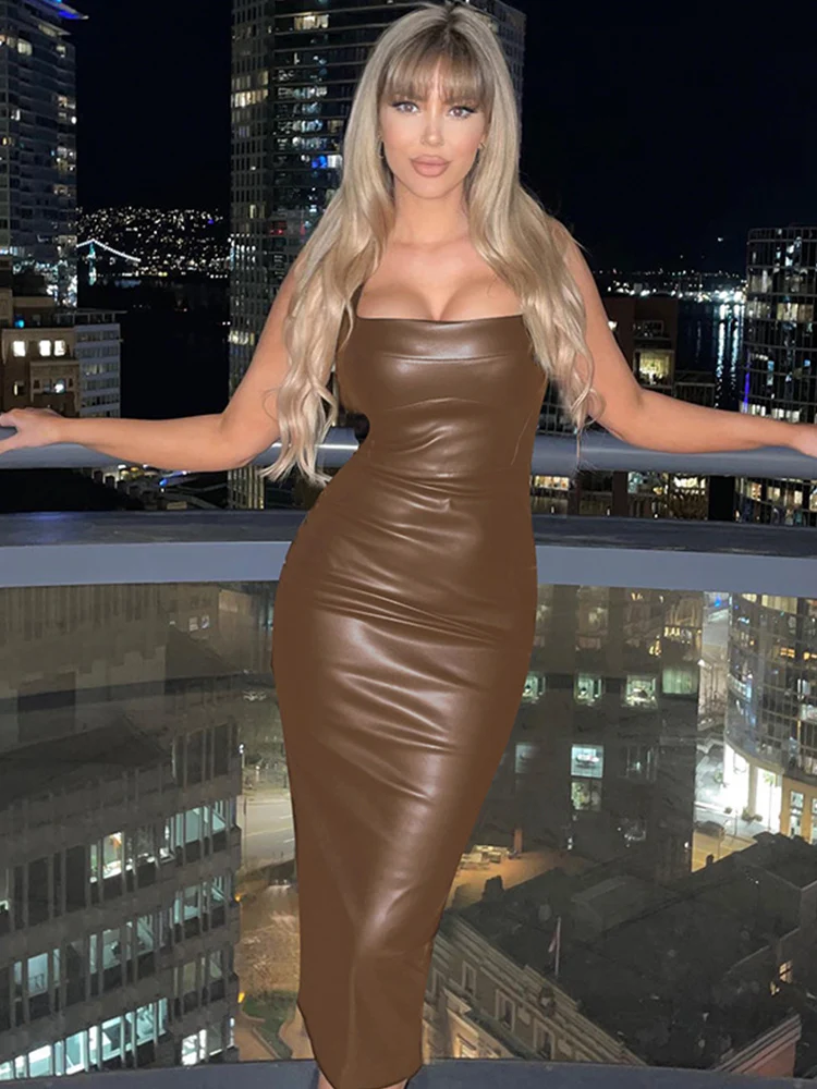 

Женское вечернее платье на бретельках, привлекательное облегающее платье средней длины из искусственной кожи на молнии с открытой спиной, ...