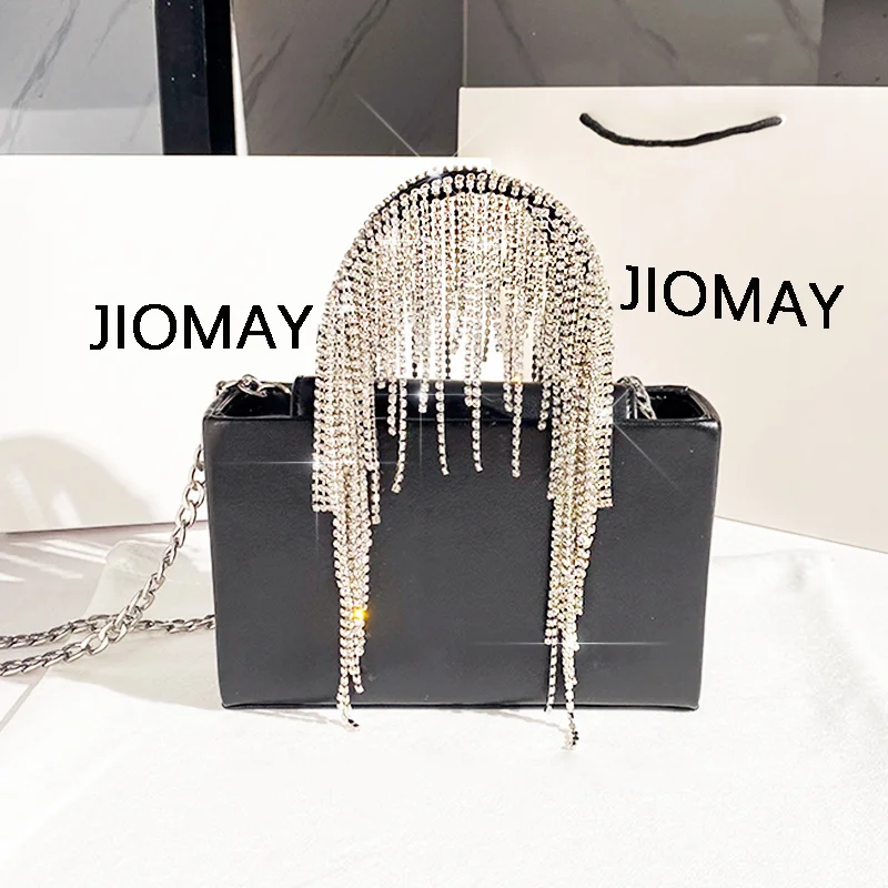 

Shiny Rhinone Bag Luxury Designer Handbags 2023 Women Crystal Tassel Purse Lady Black Mini Tote Evening Bag with Chain