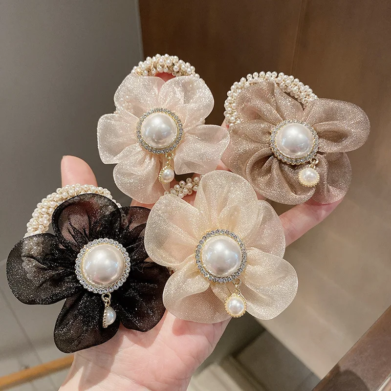 

New Korean Version Of Organza Flower Pearl Headband Girl Rope Ball Head Hair Accessories Rope Headdress Ponytail Elastic.