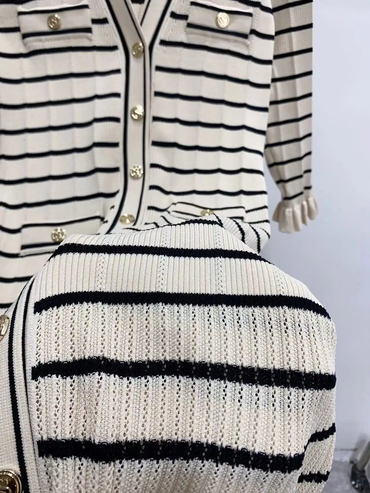 

Ruffles Knitting Fashion Striped Long Dress Spring Summer Full Sleeves V-Neck Slim Fit Lady Casual Dresses