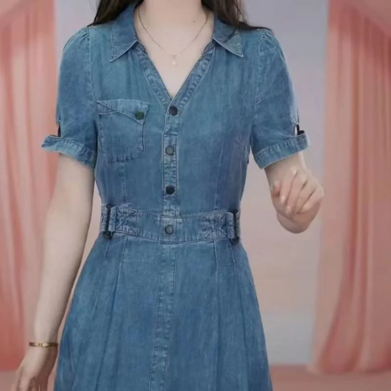

Женское джинсовое платье в Корейском стиле, Новинка лета 2023, женское изящное приталенное платье средней длины с трапециевидной юбкой на живот
