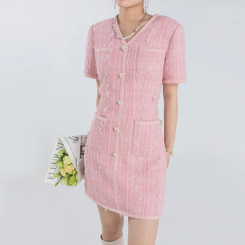Women French Vintage Pink Tweed New 