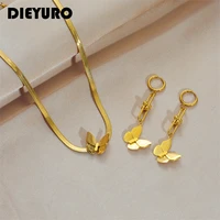 dieyuro 316l stainless steel gold color butterfly pendant necklace earrings for women fashion girl jewelry set memorial day gift