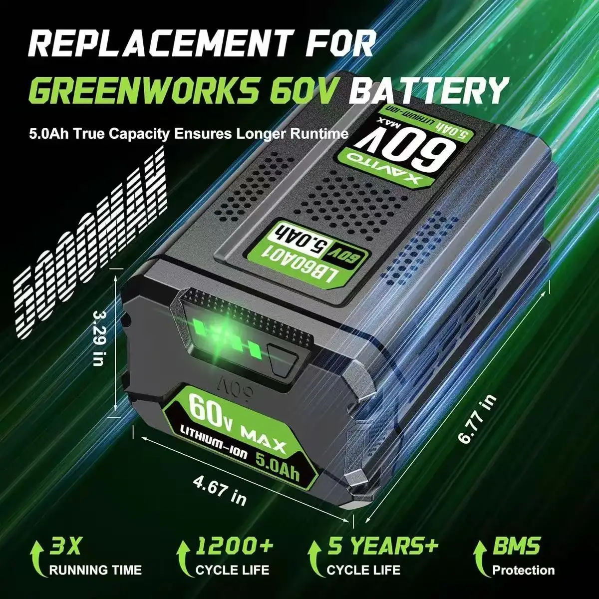 Фото Сменный аккумулятор 6000 мАч, 60 В для Greenworks GBA80300 GBA0200, литий-ионный аккумулятор большой емкости, совместимый с бензопилой/триммером №4