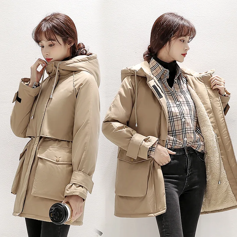 Women's Winter Korean Style Loose Plus Velvet Thickening Warm Quilted Jackets Mid-length Parkas Cotton Coat Hooded Padded Jacket