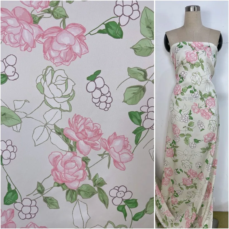 

Grape Pink and Rose Floral Printed Natural Silk Fabric Dress and Shirt Fabric Stretchy Double Crepe Satin