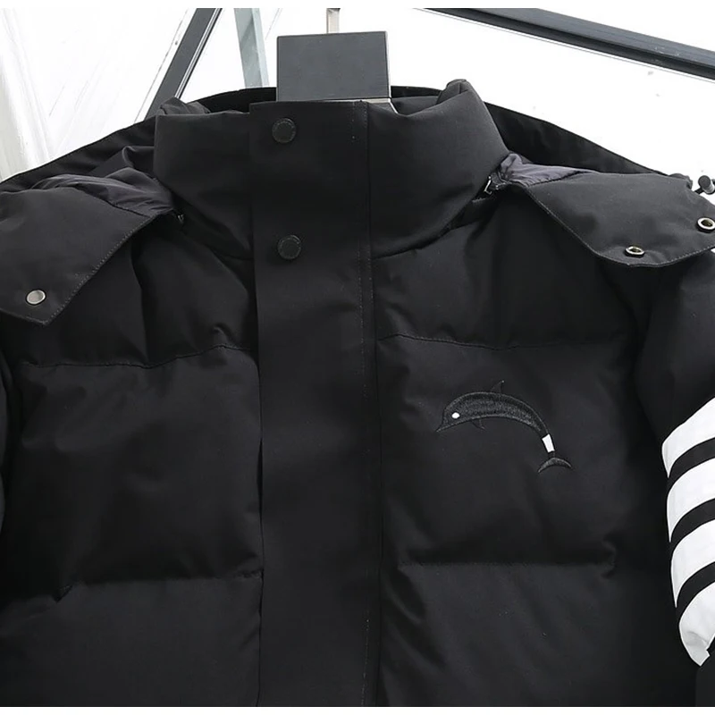 TB THOM Men Down Jacket Fashion Korean Design White Striped Winter Coat High Quality Streetwear Hooded Warm Men Clothes