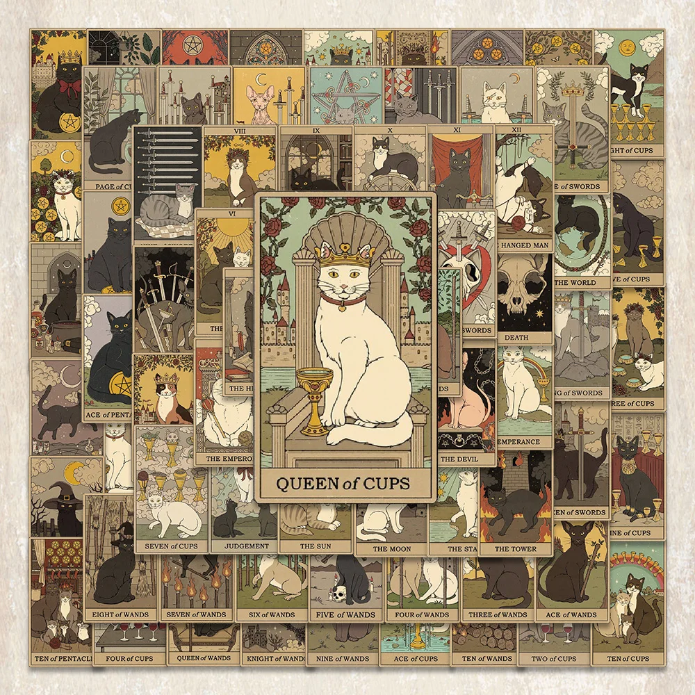 

10/72PCS Cartoon Retro Cat Tarot Stickers Divination Aesthetic Car Skateboard Laptop Phone Graffiti Decal Kids DIY Toys Sticker