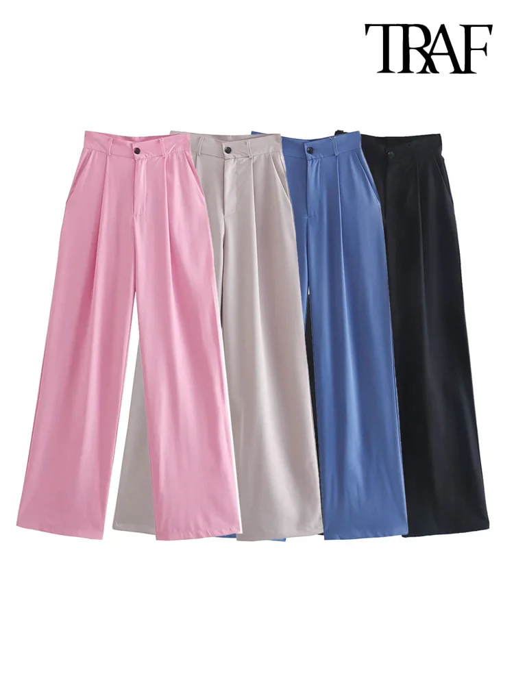 

TRAF Women Fashion Front Darts Side Pockets Straight Pants Vintage High Waist Zipper Fly Female Trousers Mujer