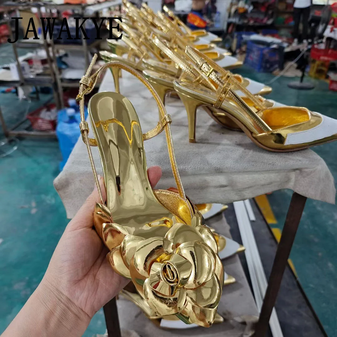 

2022 Golden Flower Sandals Women Narrow Band Banquet Shoes Ladies Pumps Wedding Shoes Summer High Heel Women's Party Shoes