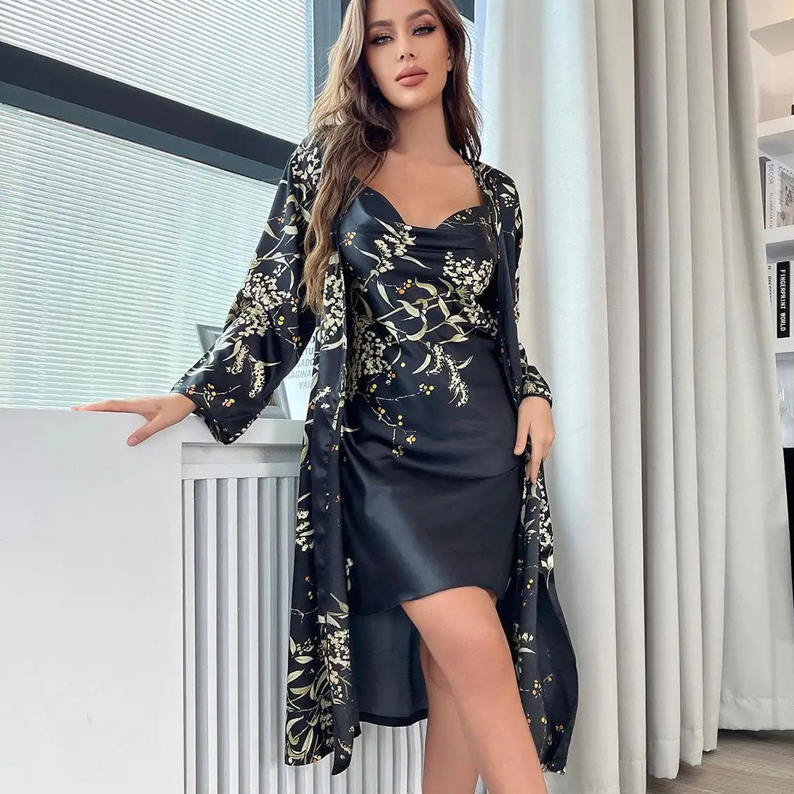 Print Twinset Robe Suit Womens Satin Chemise Nightgown Kimono Bathrobe Gown Set Summer Sexy Loungewear V-Neck Sleepwear