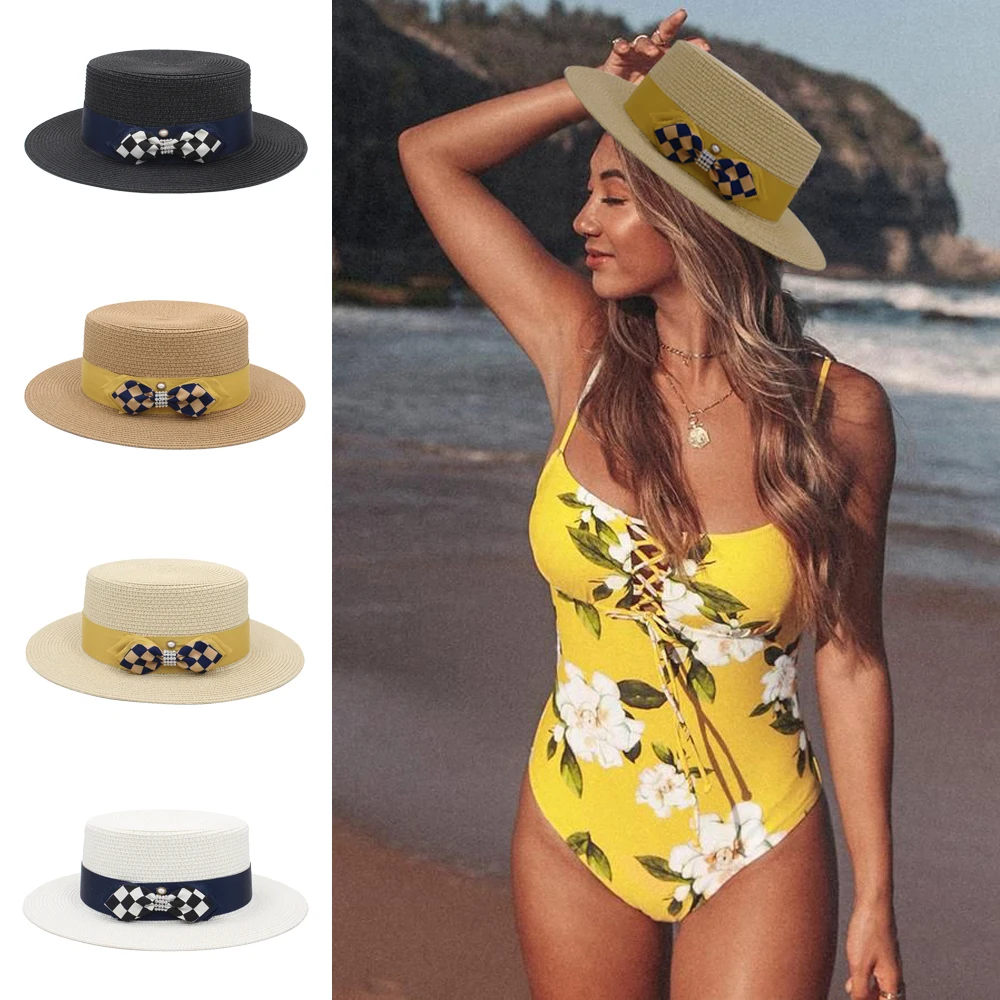 

Women Soft Straw Flat Top Boater Hats Sailor Caps Summer Sombrero Beach Sunhat Outdoor Sunbonnet Size US 7 1/8-7 1/4 UK M-L