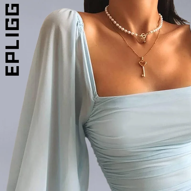 Epligg мини-платье-футляр с высокой талией и длинным рукавом корейское Дешевое