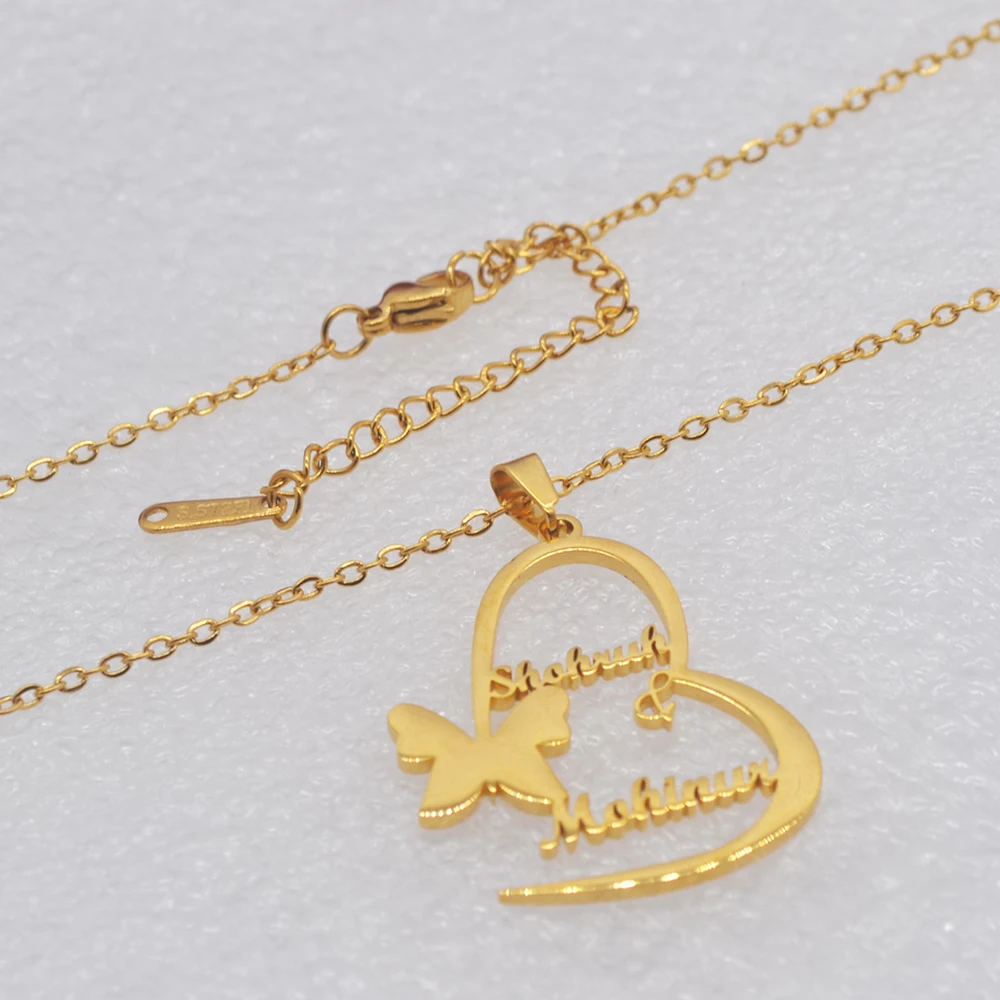 Custom Name Necklace Romantic Heart Butterfly Shape Pendant Personality Fashion Stainless Steel Cutting Nameplate Jewelry Lady