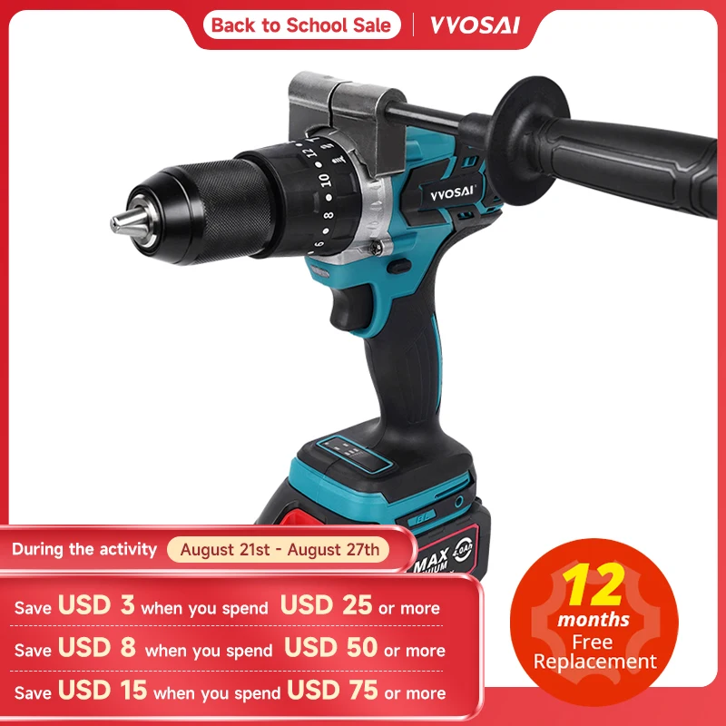 VVOSAI 20V Brushless Electric Drill 20 Torque 115NM Cordless Screwdriver Li-ion Battery Electric Power Screwdriver Drill