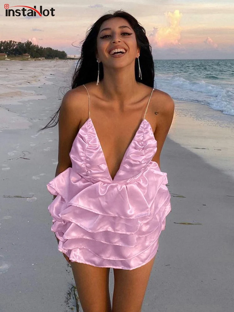 

InstaHot Sexy V-Neck Adjustable Spaghetti Strap Mini Dress Women's Summer Sleeveless Ruffle Backless Flowy Dress Beach Sundress