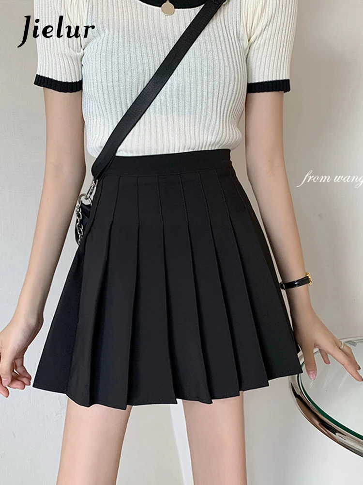 

Jielur High Waist White Skirt Women Solid Color A-line Pleated Skirt Female Summer Preppy Style Black Mini Skirts Student S-3XL