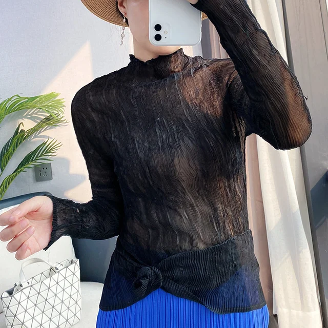 Women Pleated T Shirt Turtleneck Half 