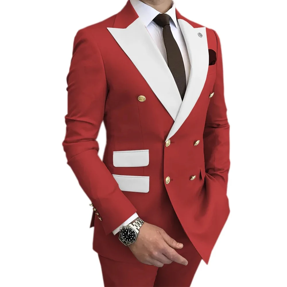 

2023 Latest Chinese Red Double Breasted White Lapel Fashion Custom Made Men's Suit Slim Fit Groom Tuxedos for Man 3 Pieces