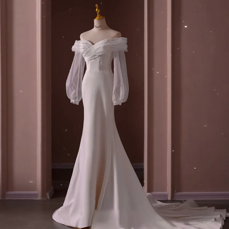 

Простое свадебное платье с юбкой-годе, с рукавом 3/4, с молнией на спине, с оборками, без бретелек, свадебное платье Элегантное свадебное плать...