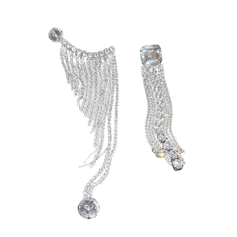 

Full Rhinestone Asymmetry Drop Earrings For Women Long Tassel Crystal Earrings Weddings Party Jewelry