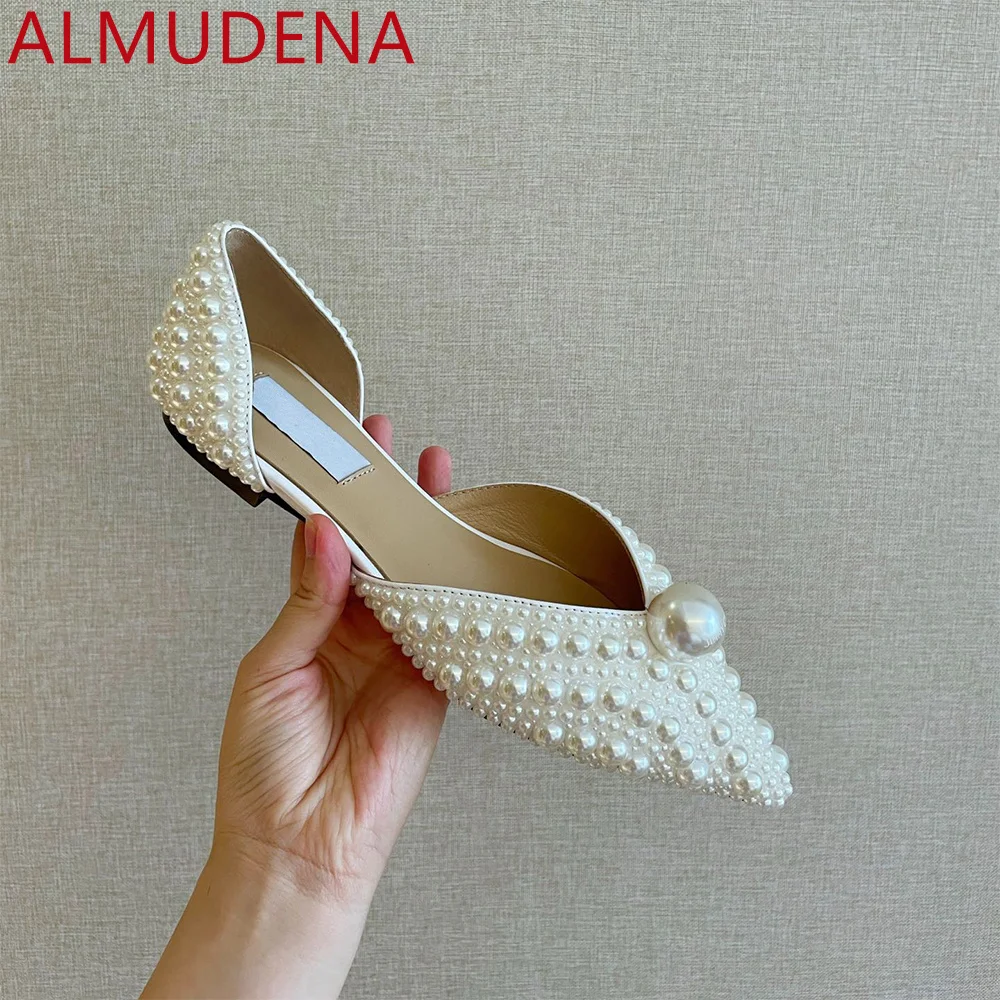 Pointed Toe Women D'orsay Flats Full Pearl Shoes Elegance Dress Adult Summer Genuine Leather Sheepskin Shoe Outside Slip On Flat