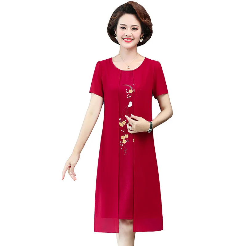 

Women's Summer Chiffon Fake two Short-sleeved Vintage Middle-aged mother Dress Lady Floral Party Dress Vestidos
