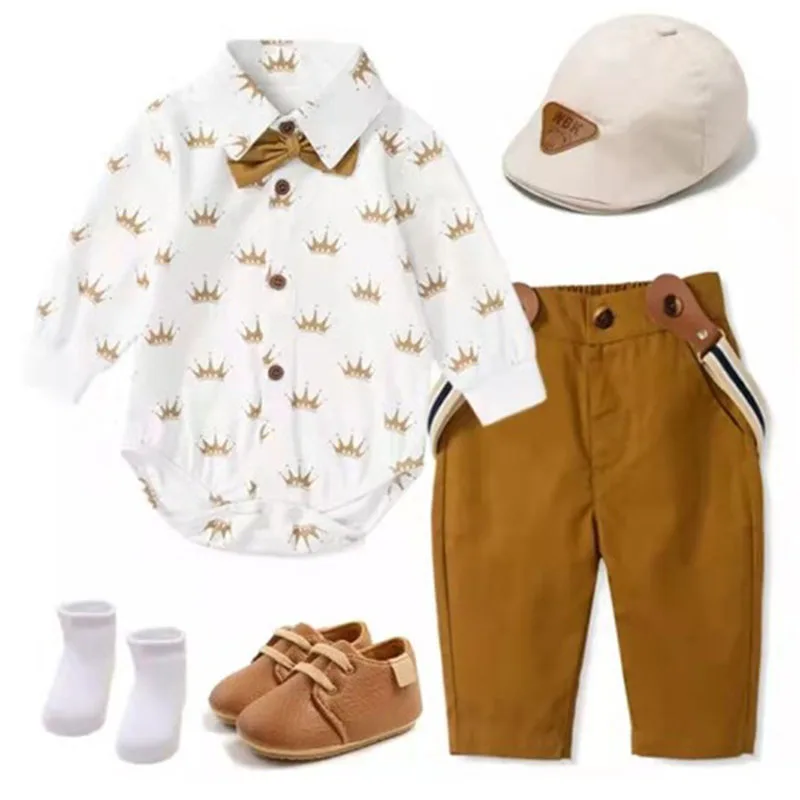 

Baby Boy Clothes Suit Cotton Infant Toddler Long Sleeve Romper Bow Hat Trousers Shoes Outfit Newborn Boy Birthday Party Gift Set