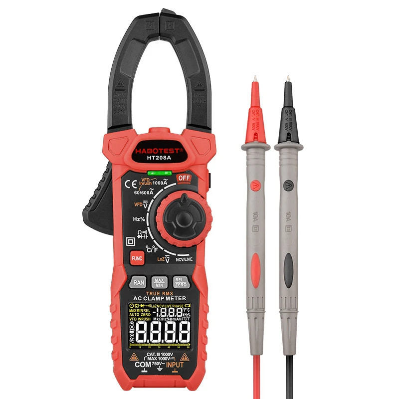 

Professional Clamp Meter Multimeter 1000V AC DC True RMS Pinza Amperimetrica Capacitance Ohm Hz VFD Digital Clamp Tester HT208