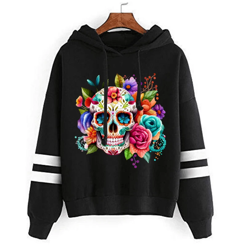 

Gothic Skull and Rose Print Hoodies Fashion Winter Clothes Women Casual Hip Hop Streetwear Grunge 2000s Trashy Aesthetic Hoody