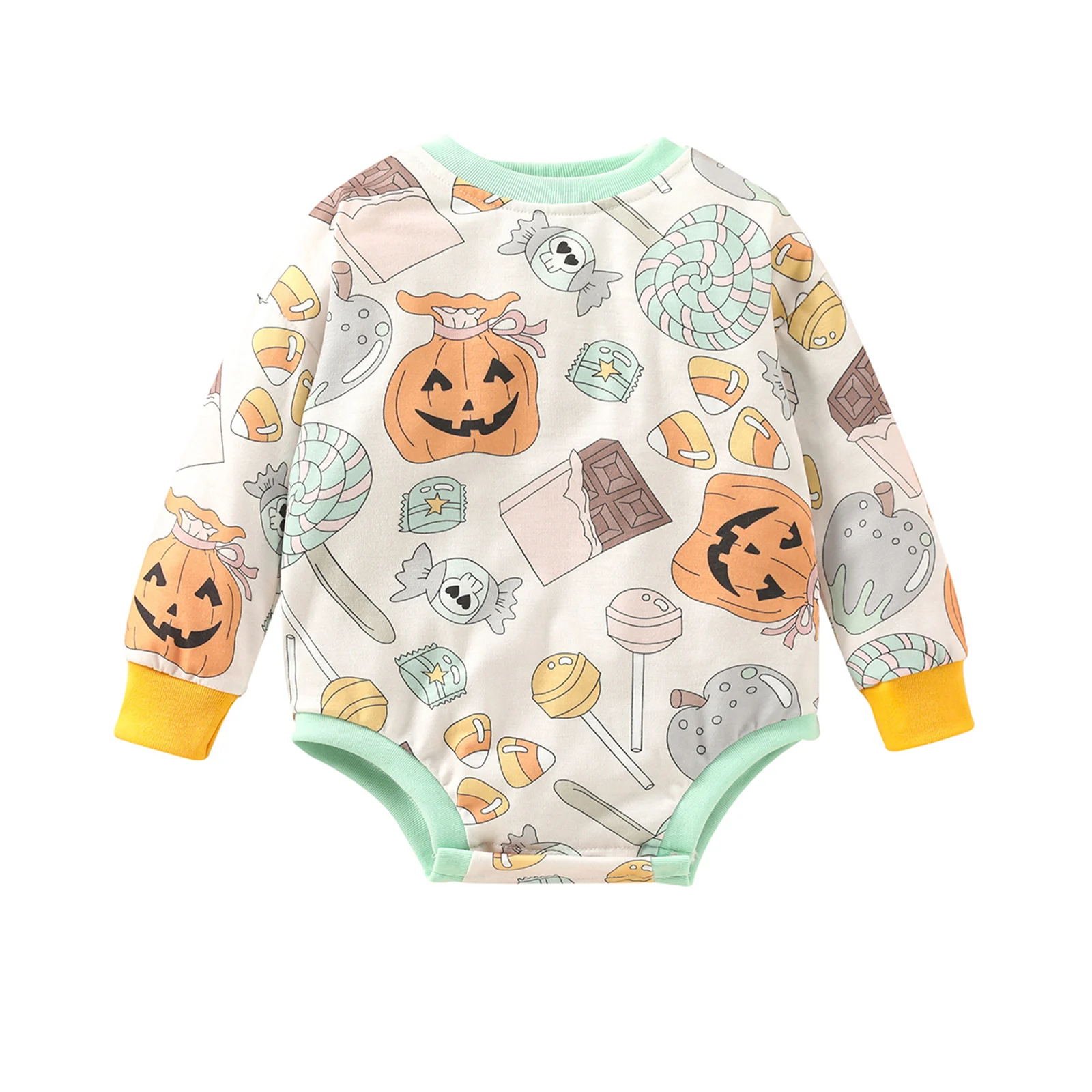 

2022-08-04 Lioraitiin 0-24M Baby Girls Boys Autumn Bodysuit Long Sleeve O Neck Pumpkin & Snacks Print Casual Playsuit