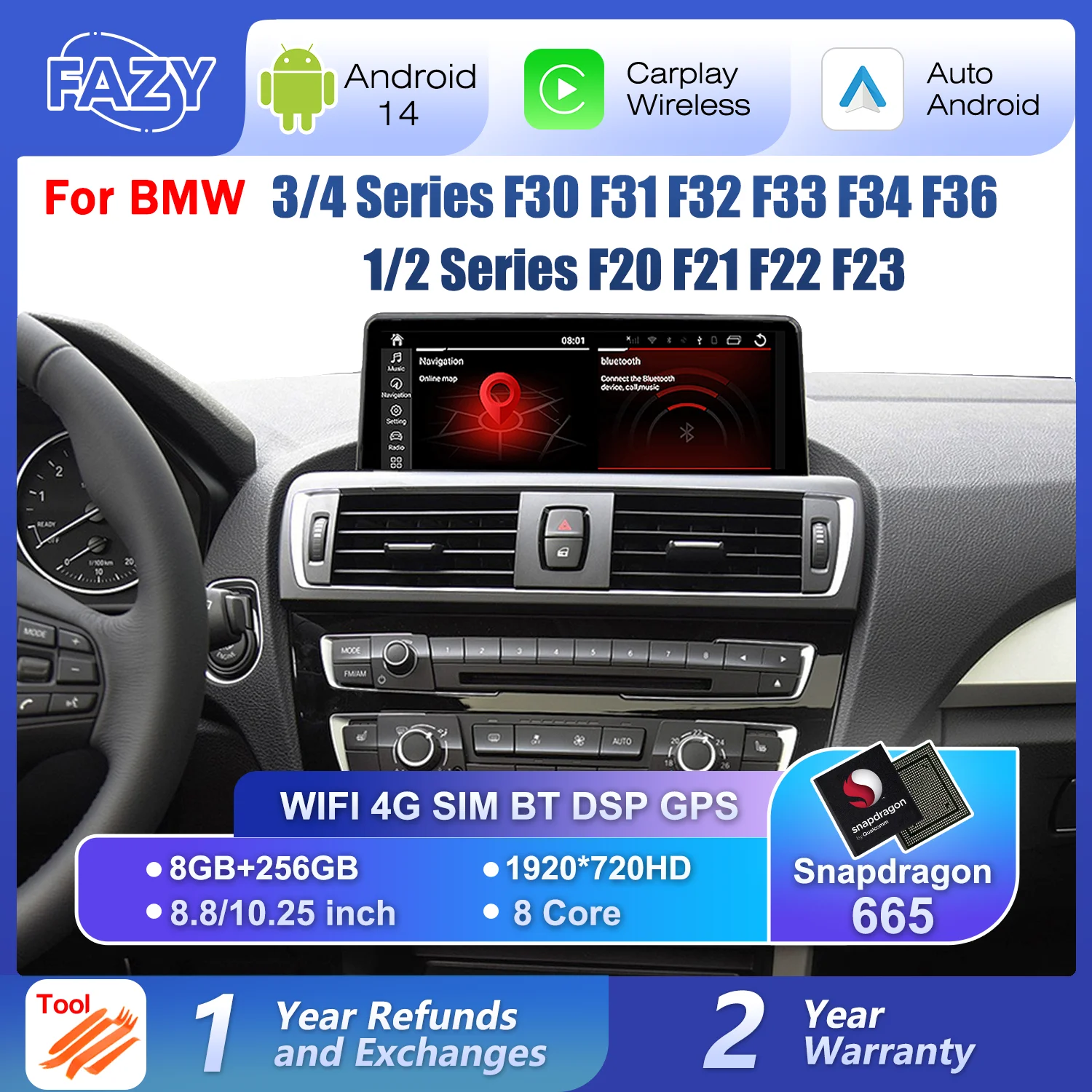 Android 14 Беспроводной Carplay Авто Радио Сенсорный экран Для BMW 1 2 ...