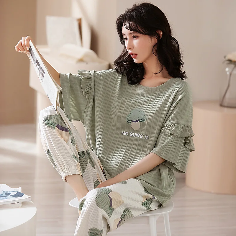 SUO&CHAO 2023 New Pajamas Sets For Women's Short Sleeve Round Neck Long Pants Cartoon Print Pijamas Sleepwear