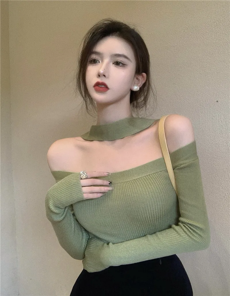 

autumn winter party women top off shoulder knitted tops sexy girl clothes thin sweater helter neck japan girl korean style