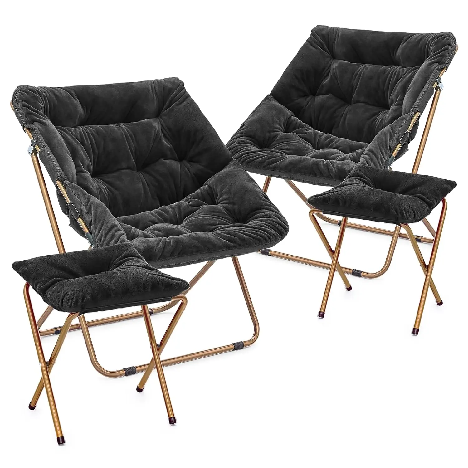 Фото #Comfy Oversize Folding Saucer Chair & Ottoman Set Faux Fur Metal Leg Bedroom Living Room Adult Black №1