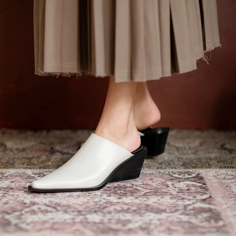 Women Mules Pointed Toe Thick Heels Real Leather Cowhide Pumps European Mullers Women Slip On Outwear Wedge Slippers Size 43
