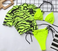 3 piece bikini women push up padded neon green leopard swimsuit brazilian short sleeve beach bathing suit thong swimwear chic