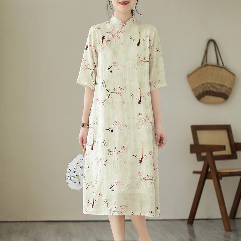 

#3808 Summer Vintage Dress Women Stand Collar Buttons Floral Printed A-line Dress Short Sleeve Loose Pockets Ladies Midi Dresses