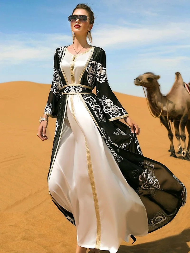 Embroidered 2 Piece Muslim Sets Women Open Abaya with Satin Slip Long Dress Matching Kaftan Party Suit Turkey Dubai Abayas 2022