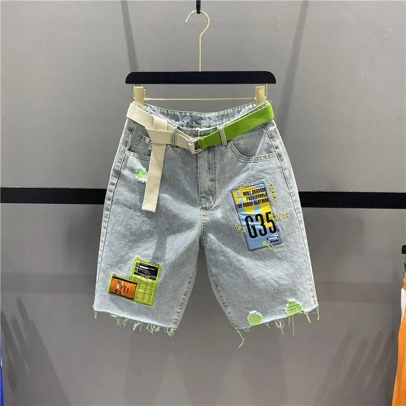 Рваные джинсовые шорты для женщин Модные свободные штаны до колен с надписями