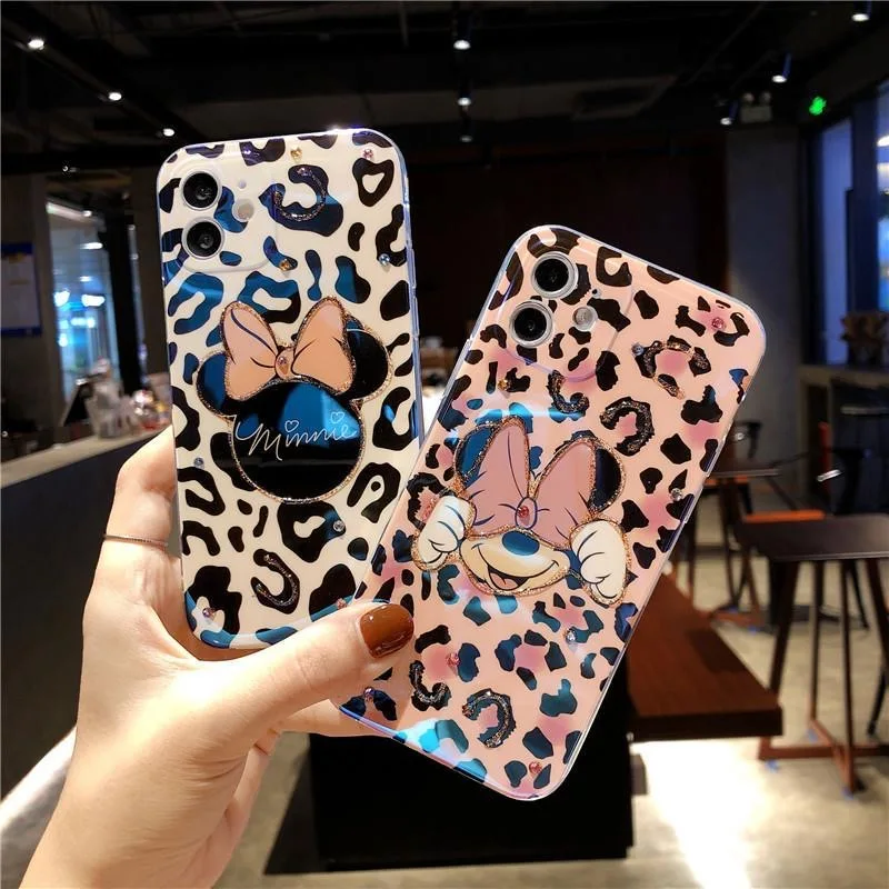 

Disney Mickey and Minnie Colored Diamonds Leopard Design Phone Cases For iPhone 13 12 11 Pro Max Mini XR XS MAX 8 X 7 Back Cover