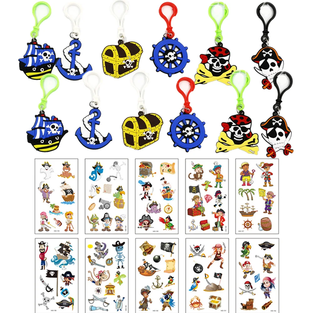 

Pirate Party Supplies Key Chain Rubber Rings Temporary Tattoos Kids Girls Boys Children Birthday Bag Fillers Toys Halloween