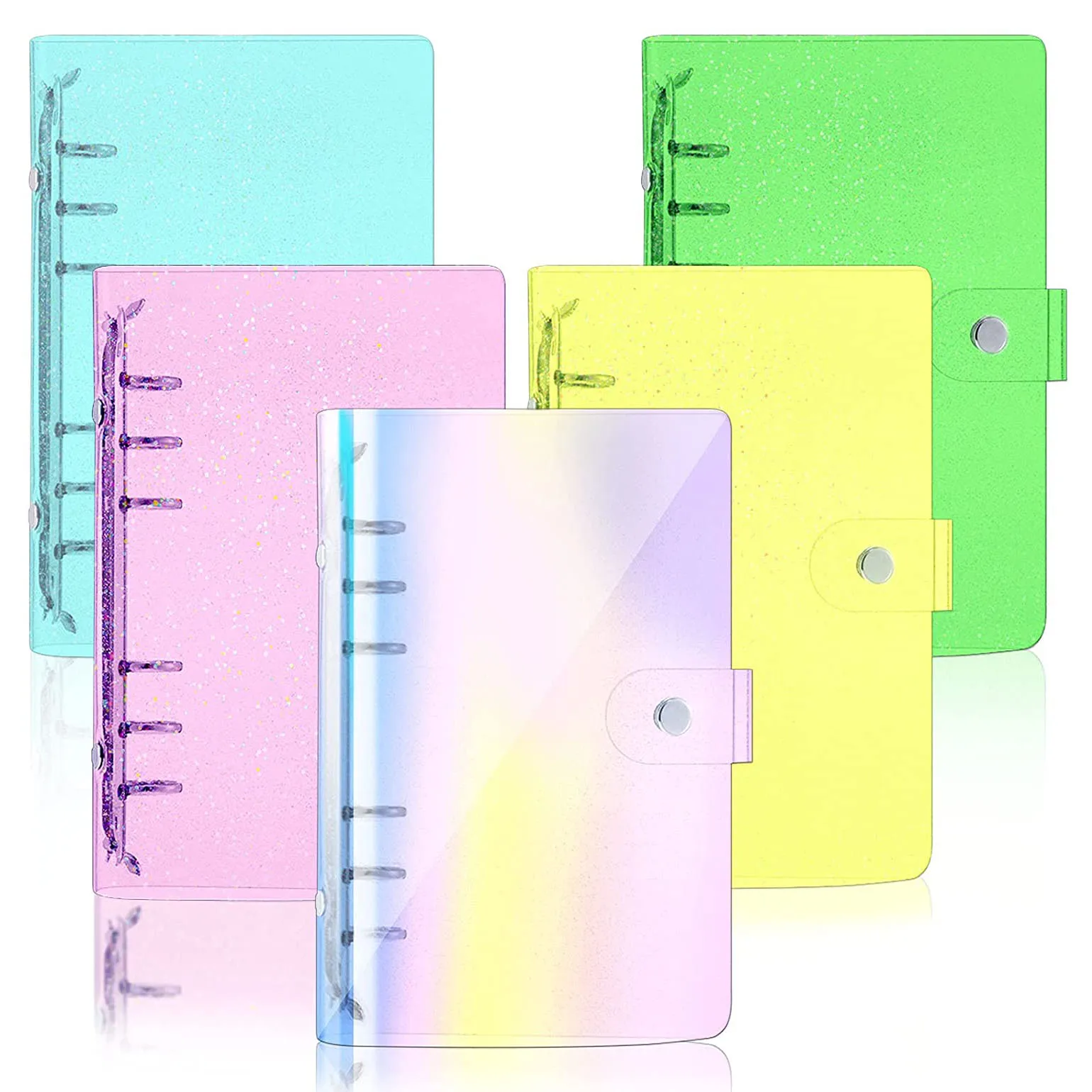 

A6 Binder Clear Glitter Refillable 6-Ring Notebook Cover with Snap Button Closure,Loose Leaf Folder Notebook Personal Planner