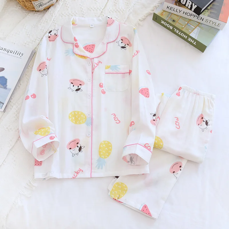 

Women's Pajamas Sets Clothes 100% Cotton Yarn Tracksuit Double Gauze Spring Long Sleeve Trousers Breathable Absorb Sweat Sleep