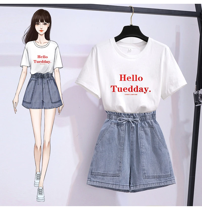 

Комплект из 2 предметов DALMAZZO для женщин, новая летняя модная футболка с принтом букв и джинсовые шорты на шнуровке для студентов, костюмы, од...