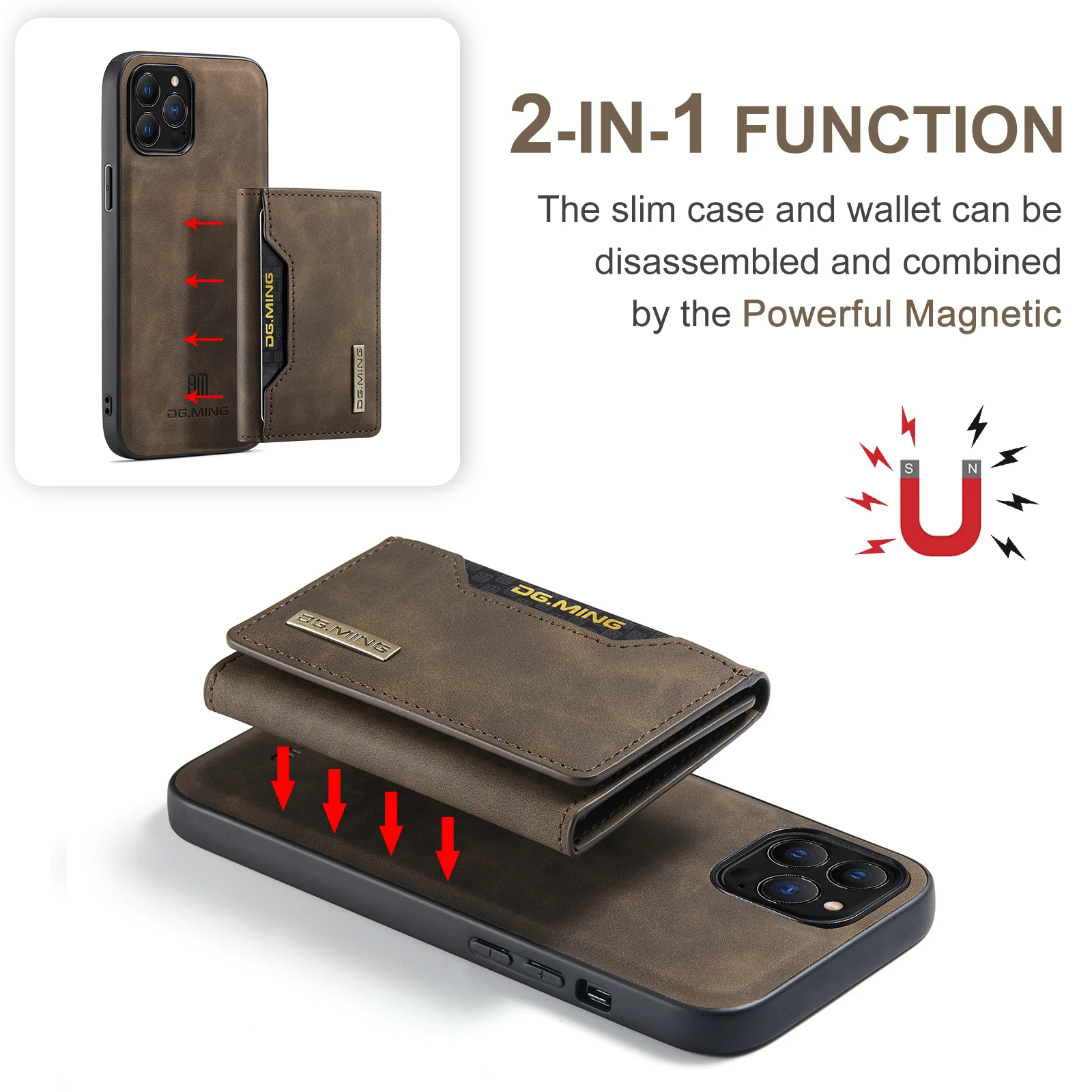 DG.MING Magnetic Split Body Detachable Leather Wallet Phone Case For iPhone 14 13 11 12 Pro max mini X XS MAX XR 7 8 PLUS Cover