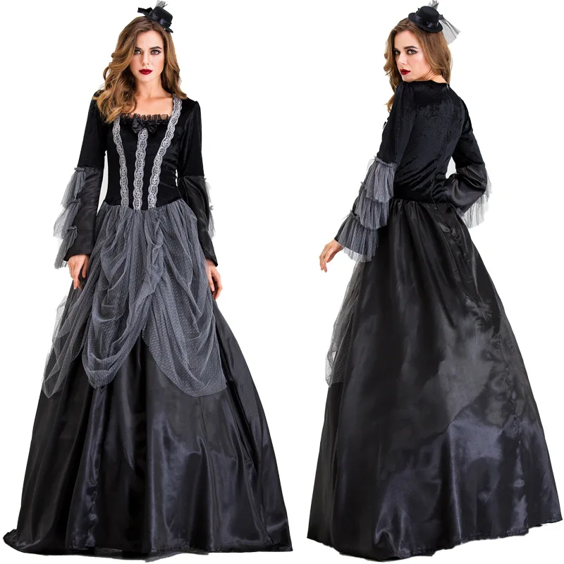 

Medieval Palace Court Gothic Princess Costume for Women Halloween Dress Gorgeous Vampire Witch Cosplay Dress With Hat Suits