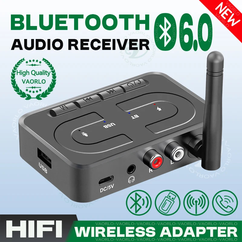 VAORLO Bluetooth 6.0 Audio Receiver 3.5mm AUX RCA With Mic HIFI Stereo Wireless Adapter Support USB U-Disk For Car Speaker Amp